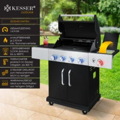 KESSER® Gasgrill Master BBQ Mit 800°C Infrarot & Grill-Thermometer, LED-Beleuchtung , Keramik 4+1 Brenner Aus Edelstahl XXL Grillwagen Grill, Seitenkocher, 5-11 KG Gasflasche Piezozündung, Schwarz -Grill Verkauf 58092866 3