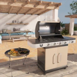 No Name BBQ Chief Gasgrill Creme - 4 Brenner Aus Edelstahl, Mit Seitenbrenner, Deckel, Thermometer, Rollen, Für Camping/Balkon/Garten, 13,3 Kw, Gusseisen Grillrost - Grill, Grillwagen, Grillstation -Grill Verkauf 96761195 2