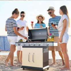 No Name BBQ Chief Gasgrill Creme - 4 Brenner Aus Edelstahl, Mit Seitenbrenner, Deckel, Thermometer, Rollen, Für Camping/Balkon/Garten, 13,3 Kw, Gusseisen Grillrost - Grill, Grillwagen, Grillstation -Grill Verkauf 96761195 3